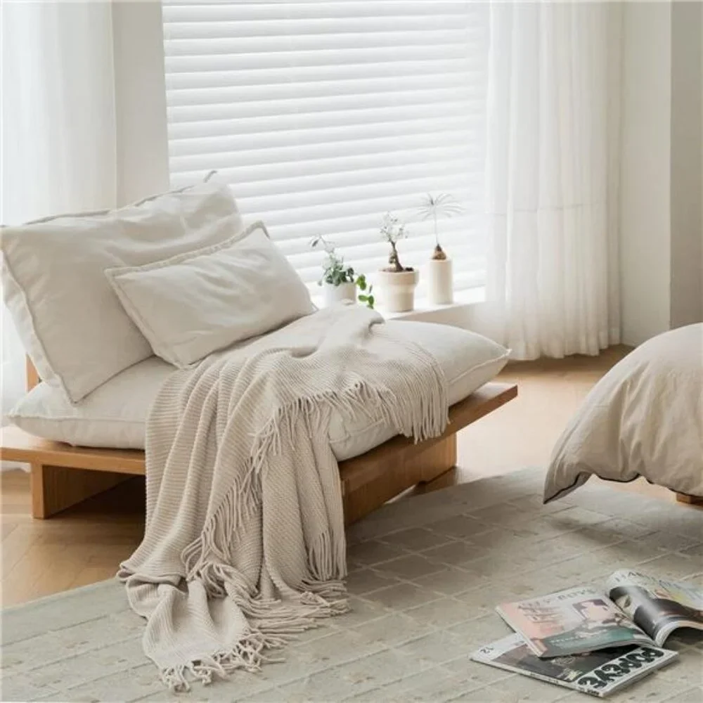 Throw Blanket for Couch, Soft Boho Decor Bed Throw,Cozy White Chenille